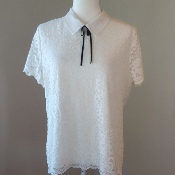 Karl Lagerfeld White Lace Women's Top with Fold Collar and Bow Size Large - Picture 5 of 16